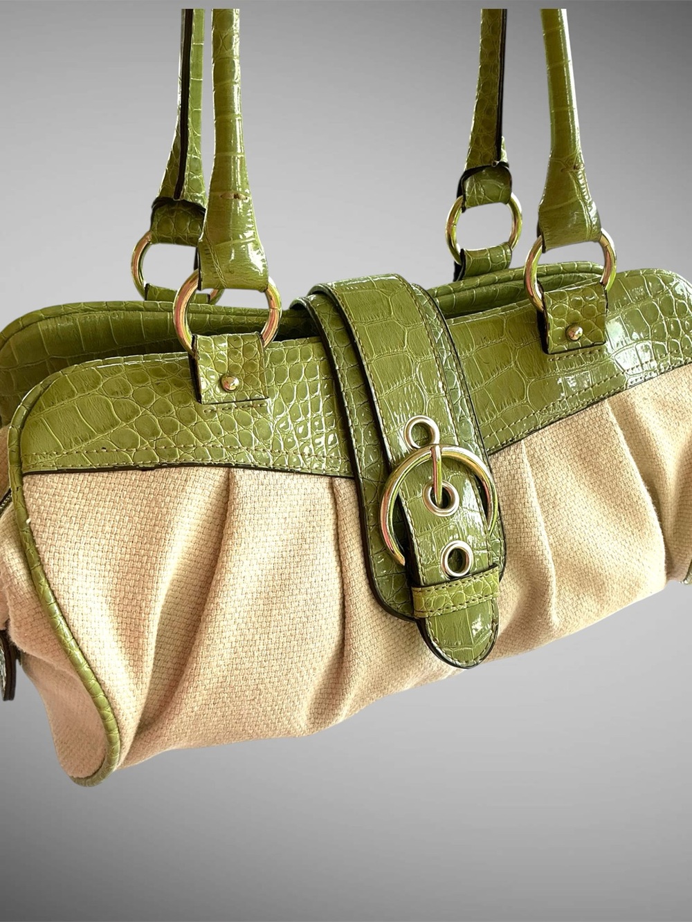 Nine West Vintage Y2K Soho Shoulder Bag Green Croc Canvas Purse
